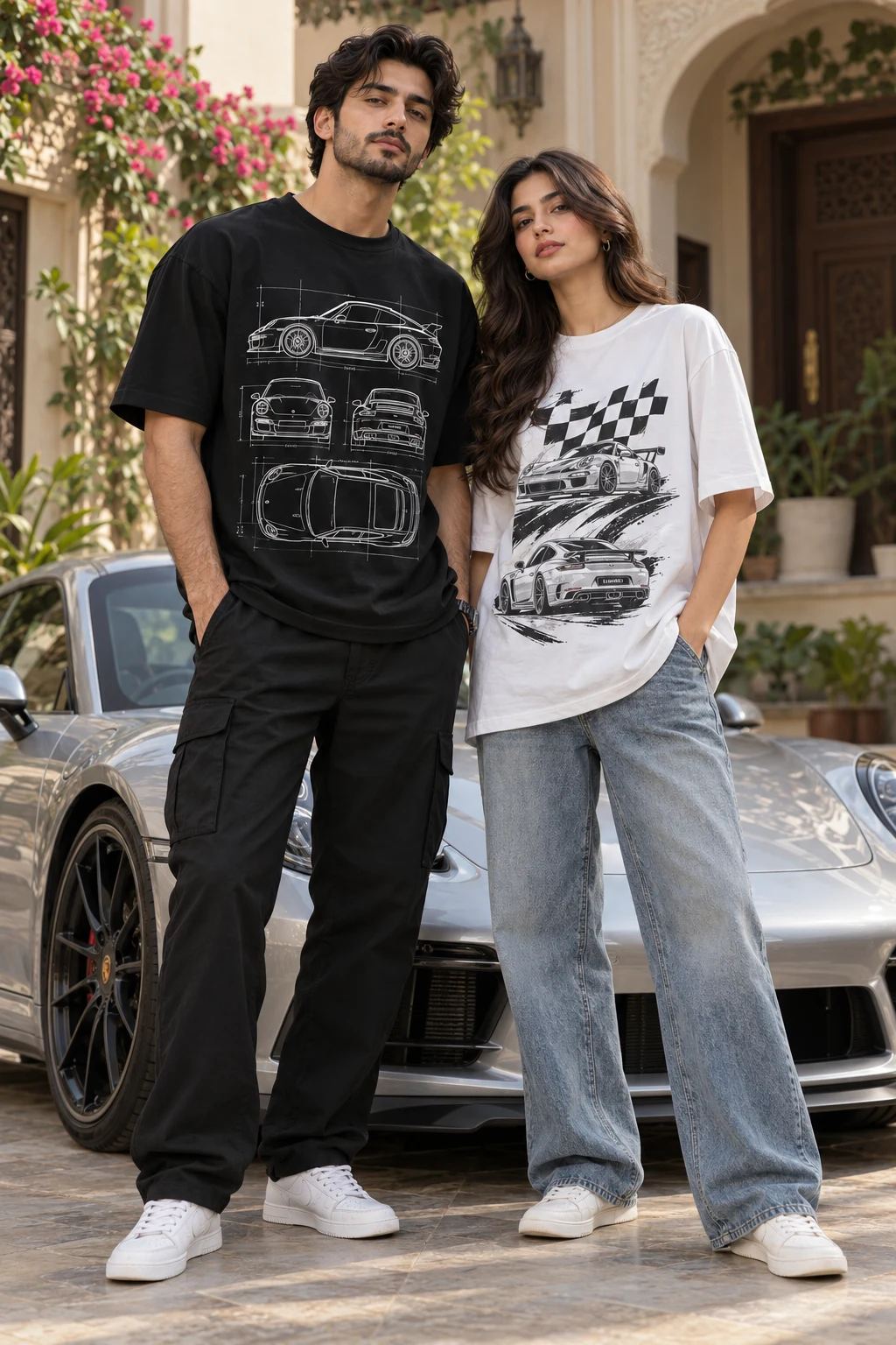 Pakistani male and female models in automotive graphic tees beside a sports car
